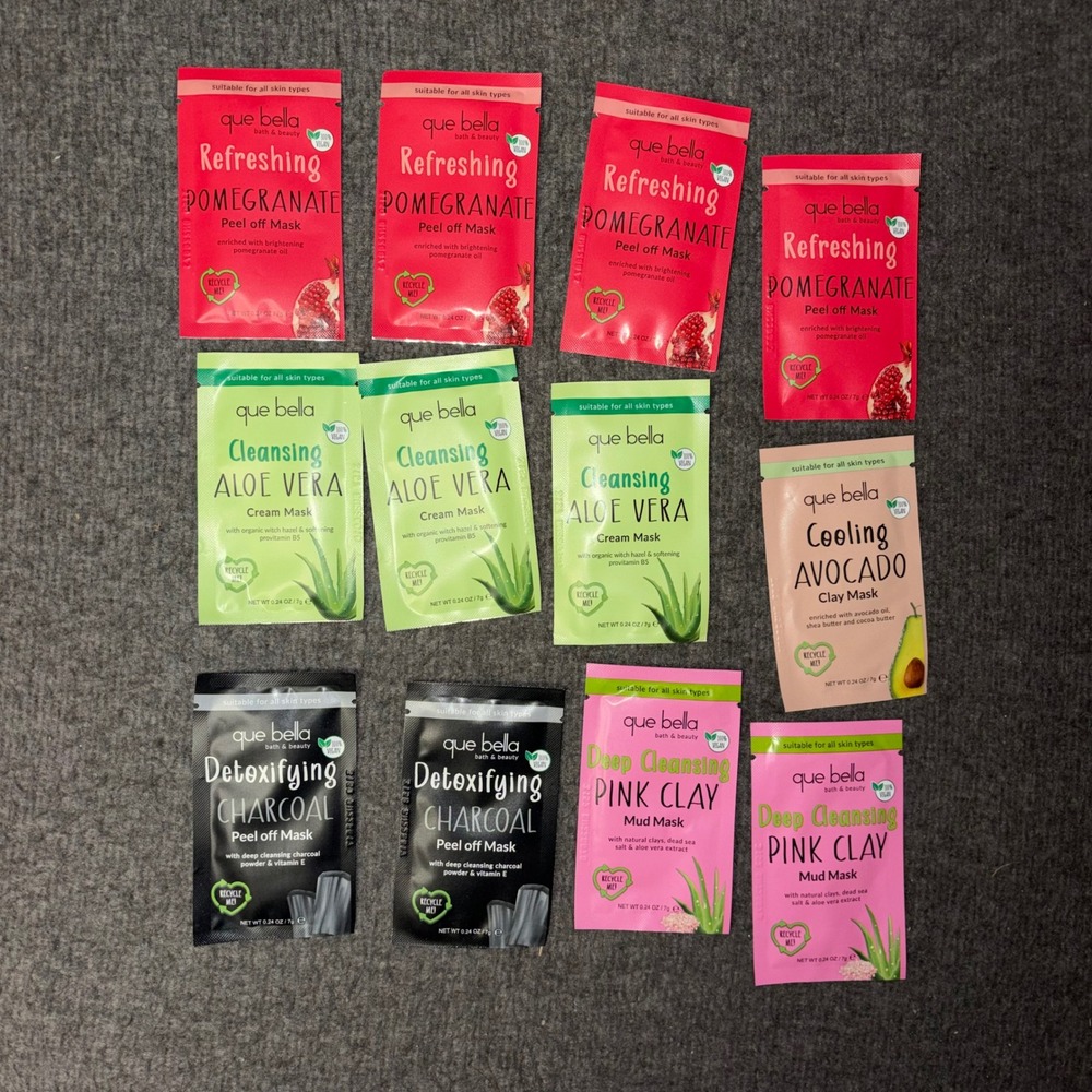 Que Bella Face Mask Variety Pack 12ct Pomegranate Aloe Charcoal Pink Clay Mask